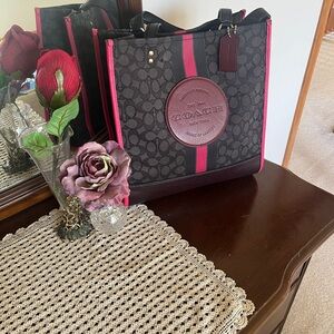Coach Large Signature Dempsey Tote Black with Red and Pink accents